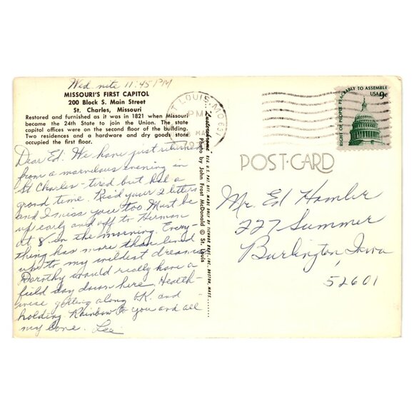 Missouri First Capitol Postcard 200 Block South Main Street St Charles Vintage - Picture 2 of 2